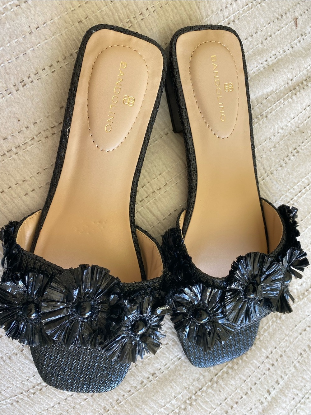 Bandolino Black Raffia Floral Slide Mules - NWT
